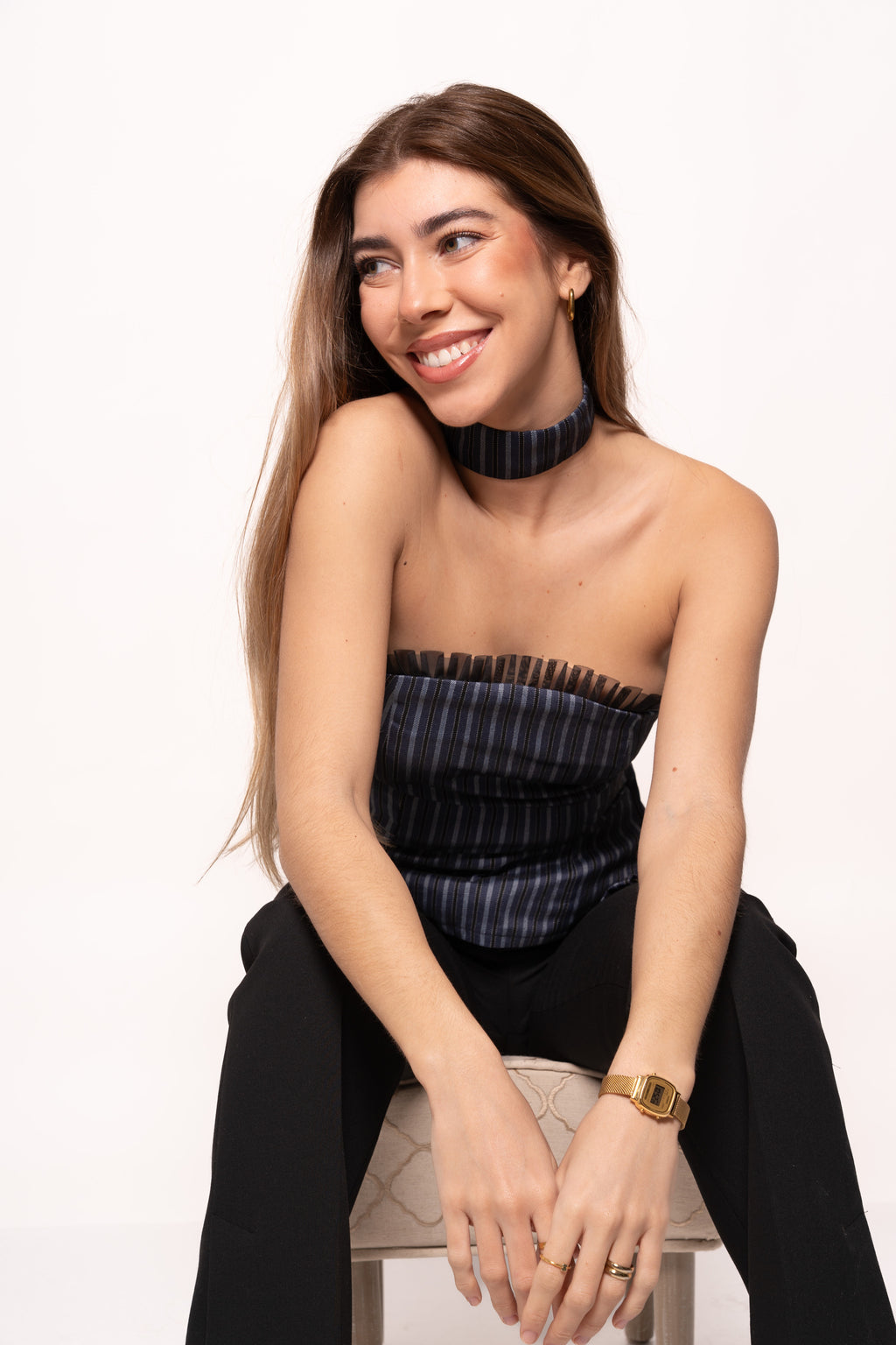 Top palabra de honor tejido rayas