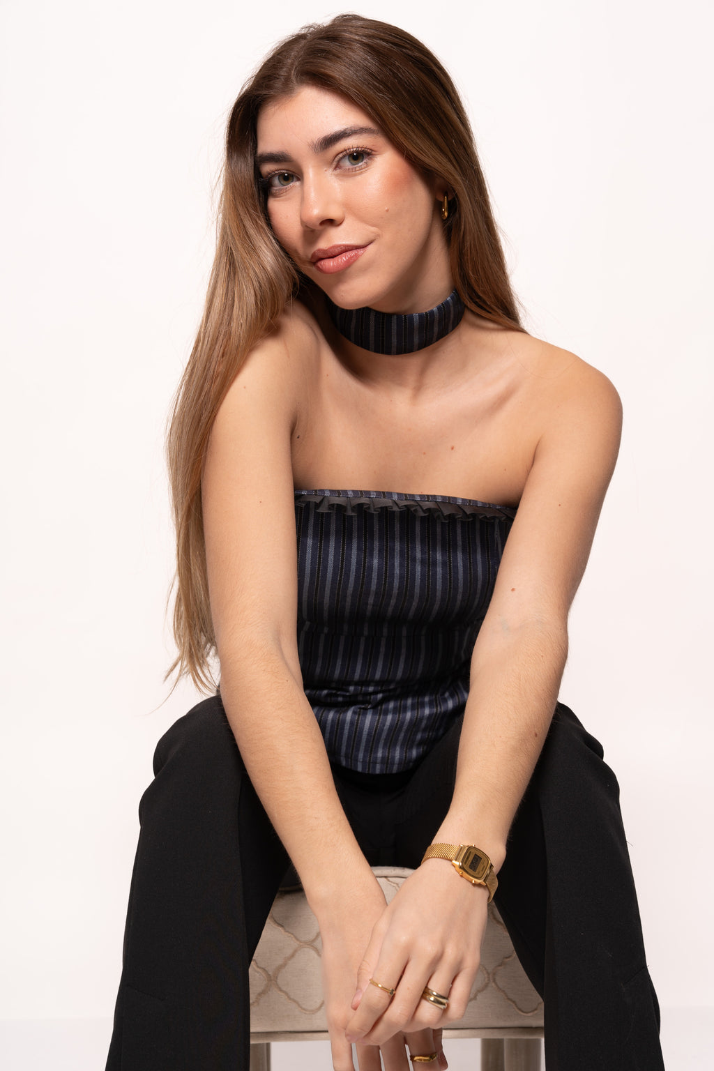 Top palabra de honor tejido rayas