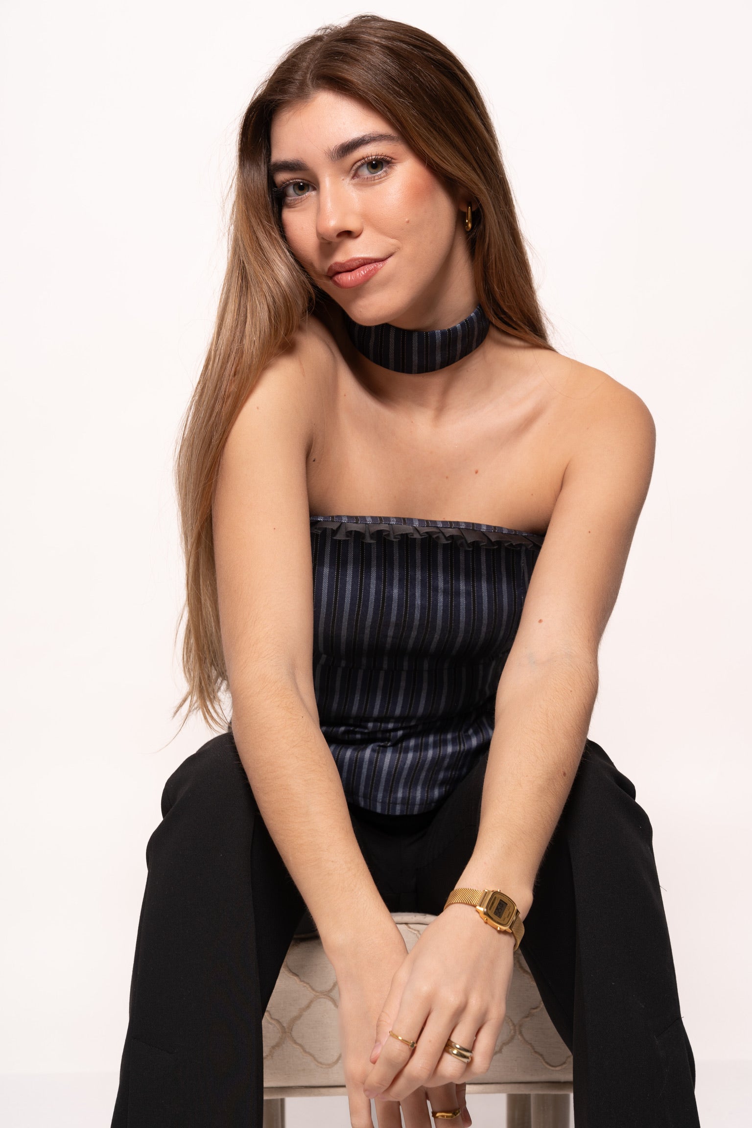 Top palabra de honor tejido rayas